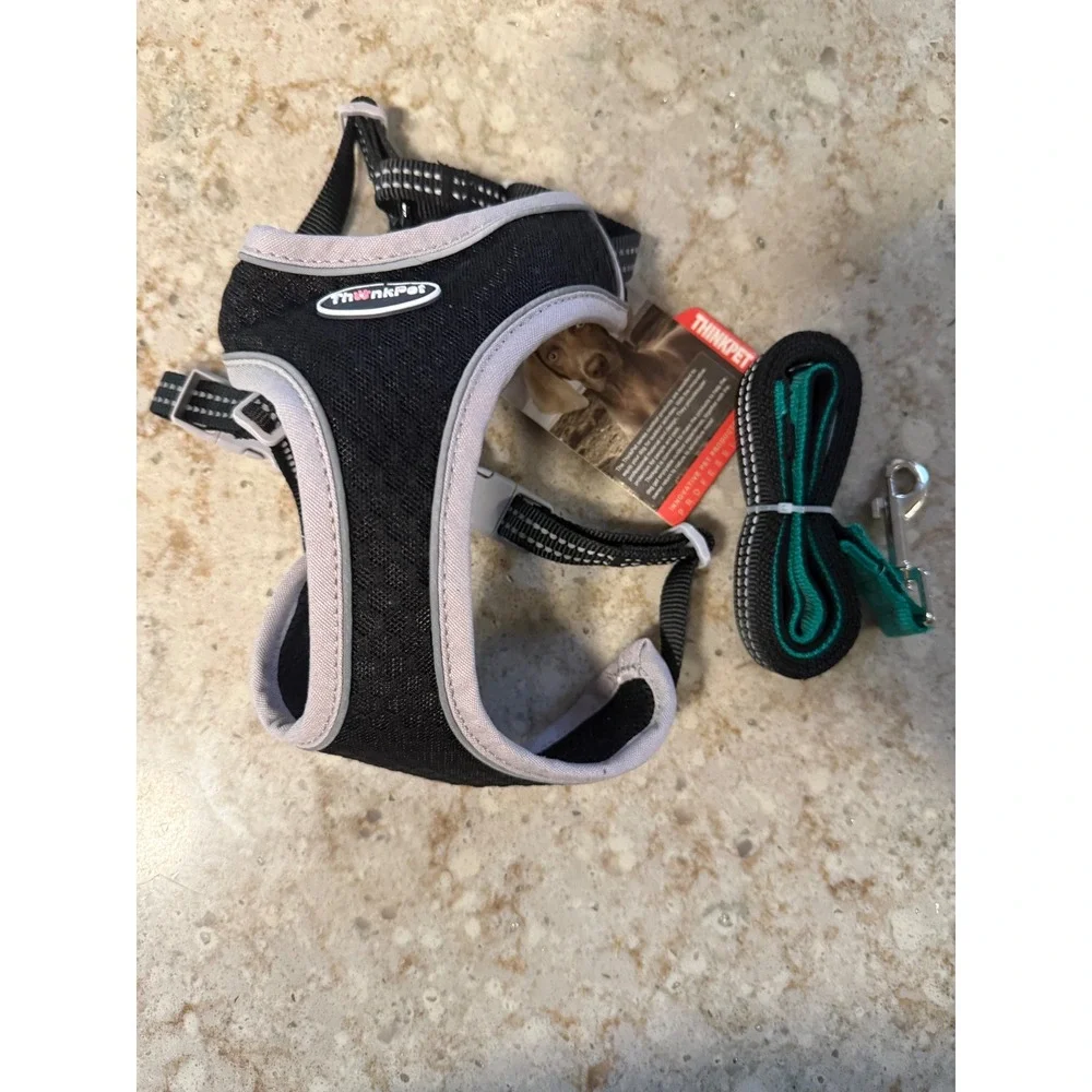ThinkPet Soft Reflective Dog Harness and Leash Set Black Green Size Medium